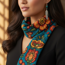 Load image into Gallery viewer, Indigenous model in black dress with Prairie Beadwork scarf and Silver Feather Earrings