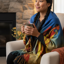 Load image into Gallery viewer, Indigenous model wearing eco shawl - cozy indoor setting