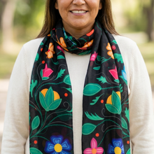 Load image into Gallery viewer, Indigenous model wearing the Petals of Ancestry scarf outdoors