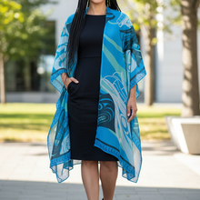 Load image into Gallery viewer, Indigenous model with Spirit Wolf wrap over black outfit