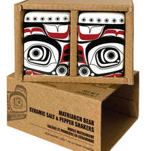 Load image into Gallery viewer, Set of two ceramic salt and pepper shakers in a cardboard box with artistic design.