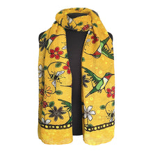 Load image into Gallery viewer, Yellow scarf with floral and bird pattern on a white background