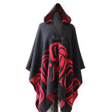 Load image into Gallery viewer, Black cape with red tribal patterns on a mannequin against a white background
