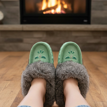 Load image into Gallery viewer, Mint moccasins in a cozy fireplace setting