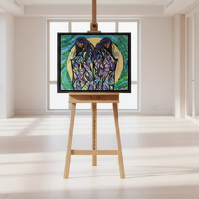 Load image into Gallery viewer, Framed artwork of two stylized figures with flowing hair against a colorful background.