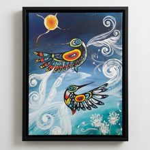 Load image into Gallery viewer, Framed artwork of two colorful birds on a blue background with swirls and flowers.