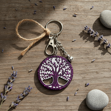 Load image into Gallery viewer, Purple Glitter Tree of Life Keychain - Lifestyle