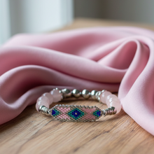 Load image into Gallery viewer, Rose quartz bracelet with pink silk scarf