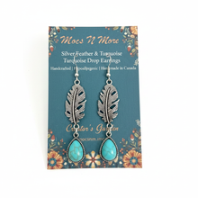 Load image into Gallery viewer, Silver Feather &amp; Turquoise Drop Earrings on card