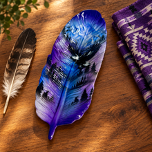 Load image into Gallery viewer, Spirit of the Eagle Feather Tray with eagle feather and purple patterned cloth