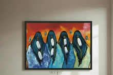 Load image into Gallery viewer, Colorful abstract painting of four penguins on a wall above a beige sofa.