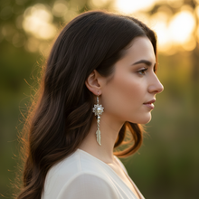 Load image into Gallery viewer, Wearing pearl flower feather earrings - profile