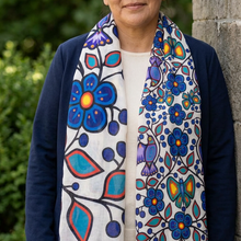Load image into Gallery viewer, White Floral Garden scarf styled over a navy jacket outdoors