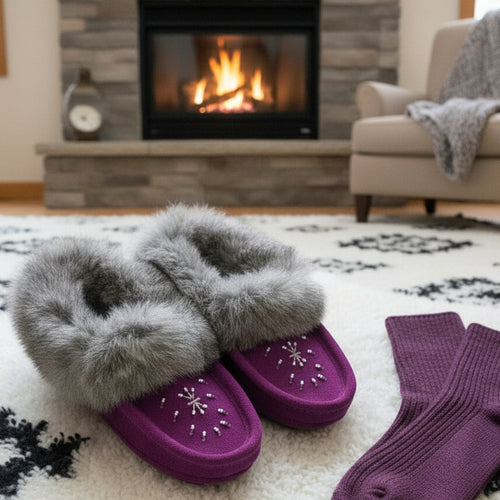 Purple slippers with gray fur lining and matching socks on a white rug.